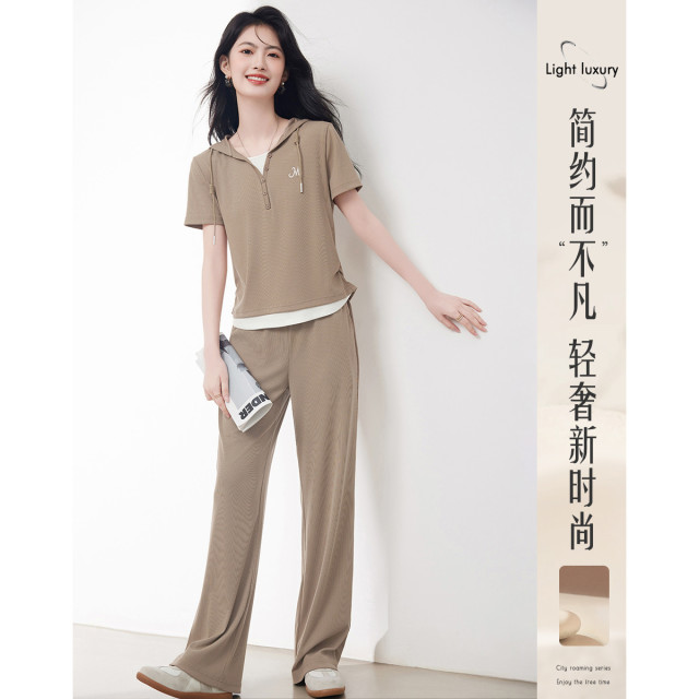12105493.时尚休闲连帽卫衣直筒裤套装女抽绳上衣裤子两件套