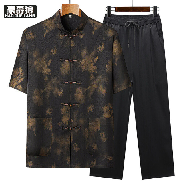 12108460.唐装男短袖爸爸夏装套装中式中老年人爷爷夏季衣服复古中国风薄款