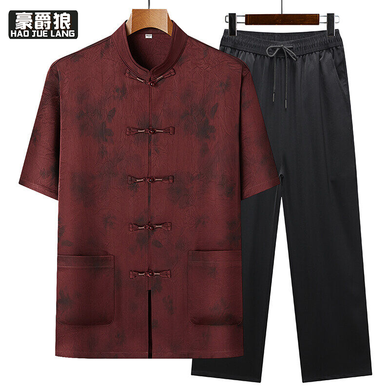 12108460.唐装男短袖爸爸夏装套装中式中老年人爷爷夏季衣服复古中国风薄款