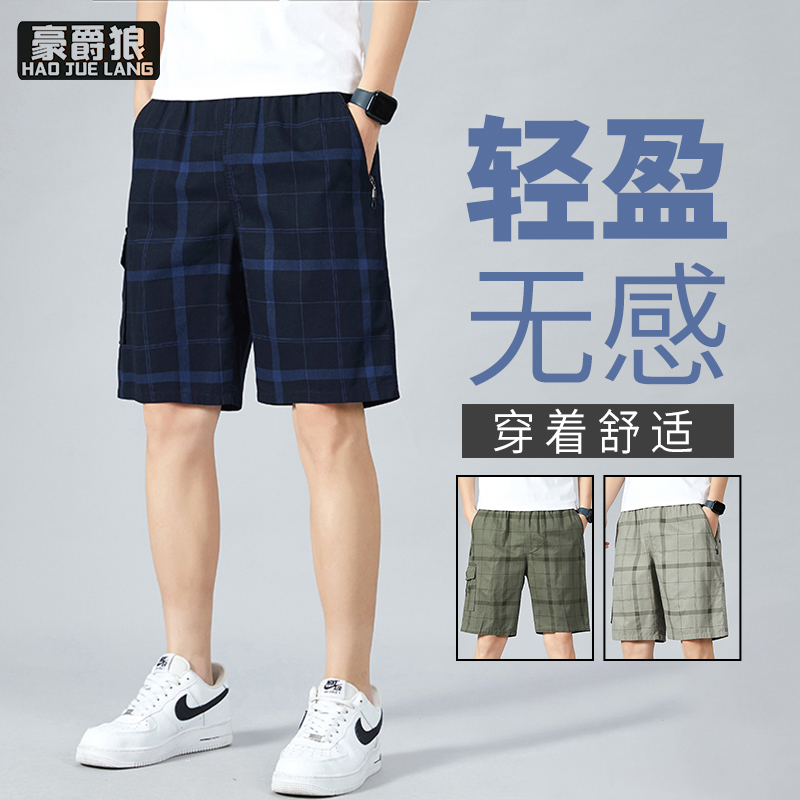 12108461.男士五分工装裤多口袋宽松加大码休闲短裤全棉个性格子印花裤子男