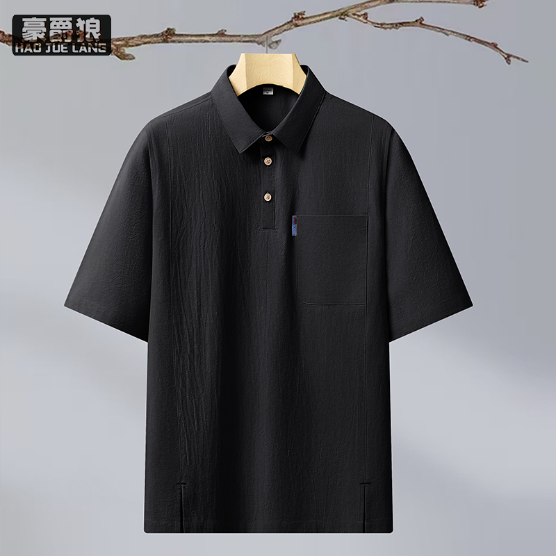 12108397.夏季短袖polo衫男士仿棉麻个性潮流半袖百搭翻领宽松中国风上衣