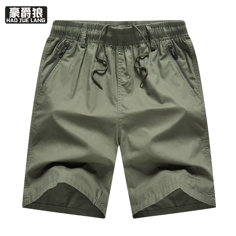 12108456.夏季短裤男宽松大码纯棉外穿大裤衩拉链兜裤头纯色全棉沙滩裤