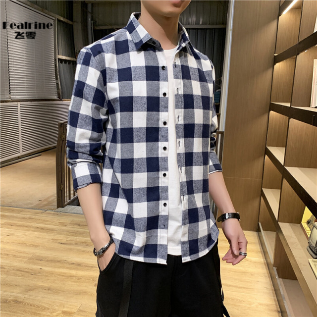 12108257.飞零2025春秋季长袖衬衫男 青少年爆款修身格子衬衣服