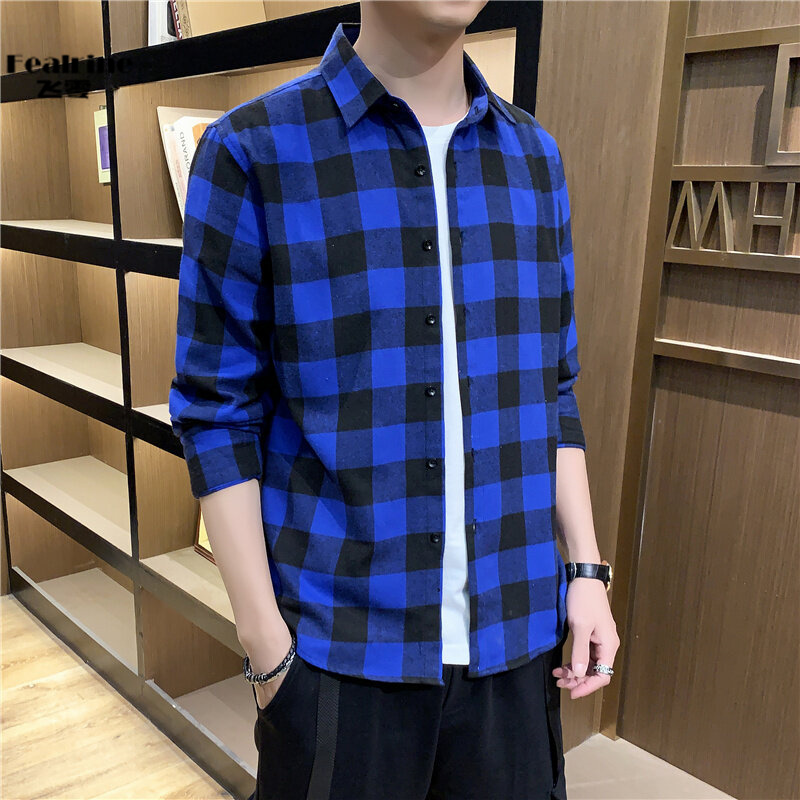12108257.飞零2025春秋季长袖衬衫男 青少年爆款修身格子衬衣服