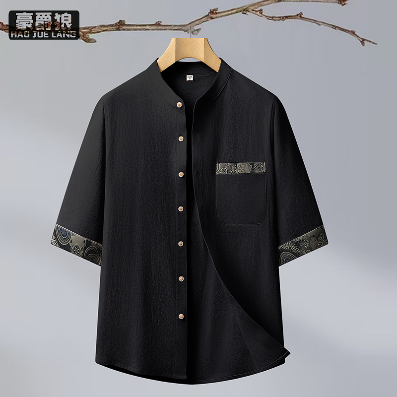 12108399.中国风男装薄款冰丝衬衫宽松大码五分袖衬衣夏季复古半袖立领上衣
