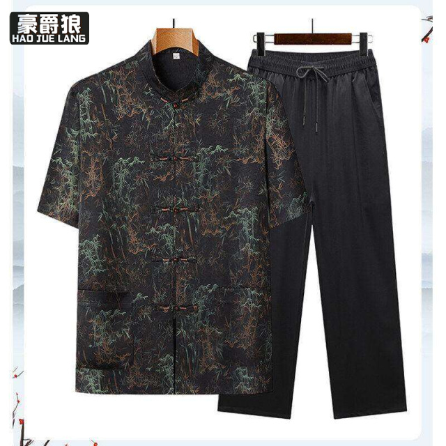 12108451.爸爸夏季唐装香云纱中老年人套装国风男士汉服爷爷短袖晨练两件套