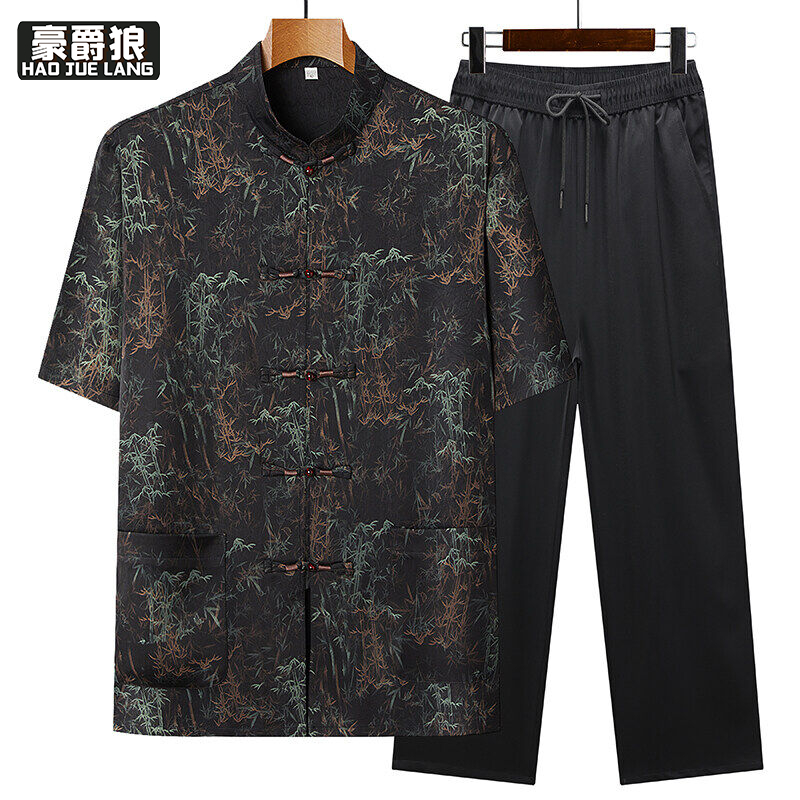 12108451.爸爸夏季唐装香云纱中老年人套装国风男士汉服爷爷短袖晨练两件套