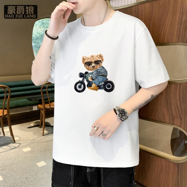 12108474.圆领印花短袖小熊款舒适纯棉T恤上衣服男女情侣装半袖打底衫t