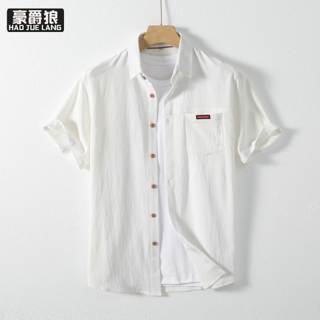 12108468.仿棉麻短袖衬衫男夏季新款男士纯棉半袖衬衣男生休闲纯色上衣服