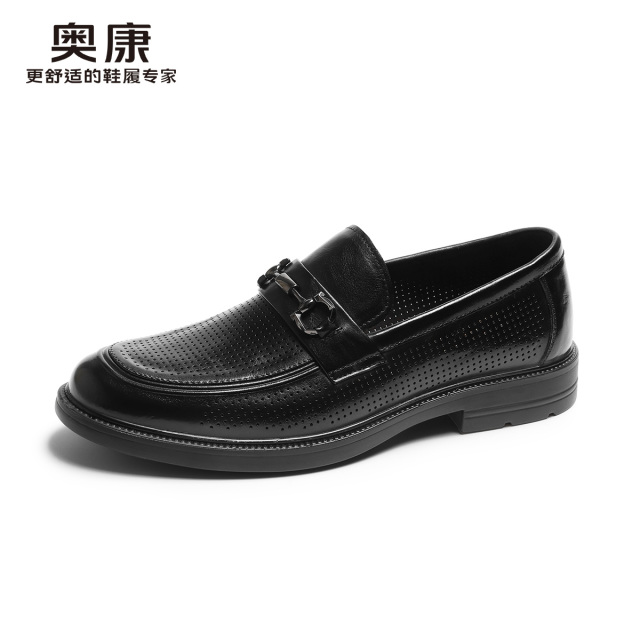 12202433.奥康男鞋春秋季新款真皮镂空透气男士皮鞋办公商务休闲乐福鞋