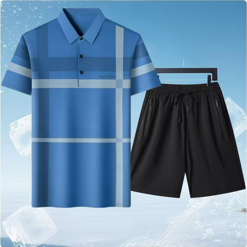 12646097.EXING男式夏季时尚冰丝POLO衫套装8827-1