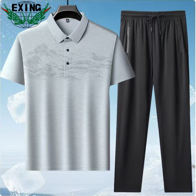 12646091.EXING男式时尚迪桑特冰丝POLO衫套装8818