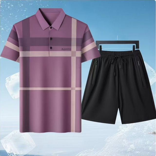 12646097.EXING男式夏季时尚冰丝POLO衫套装8827-1