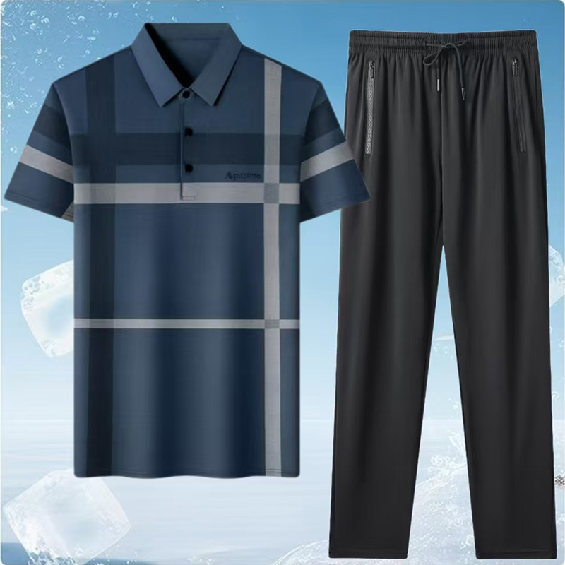 12646102.EXING男式夏季时尚冰丝POLO衫套装8827