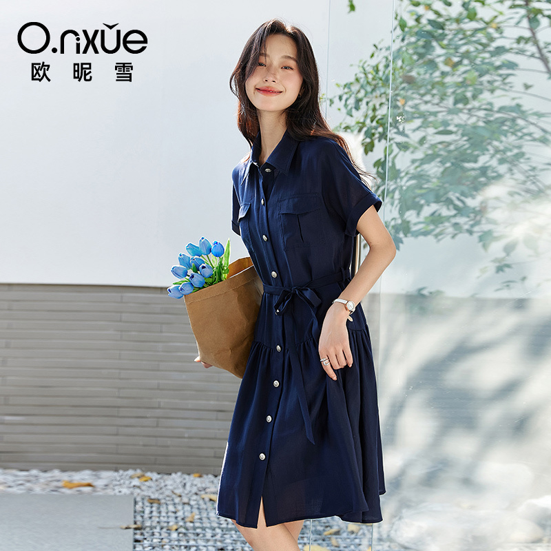 12122838.欧昵雪【简约气质通勤天丝裙子】时尚优雅高级感翻领衬衫式连衣裙女