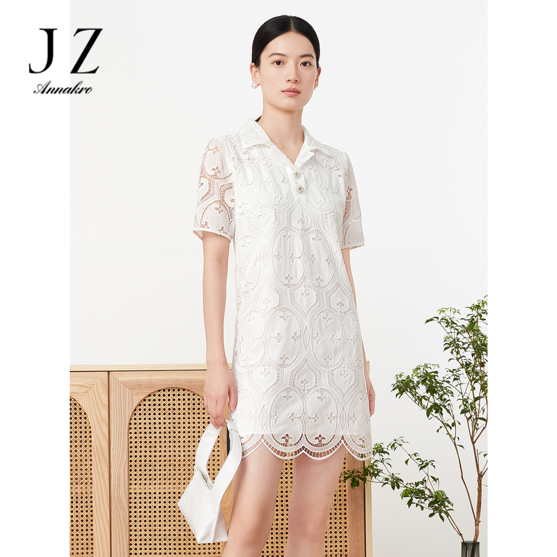 12128261.JZ玖姿法式田园风镂空绣花直筒中长款短袖连衣裙女夏季新款
