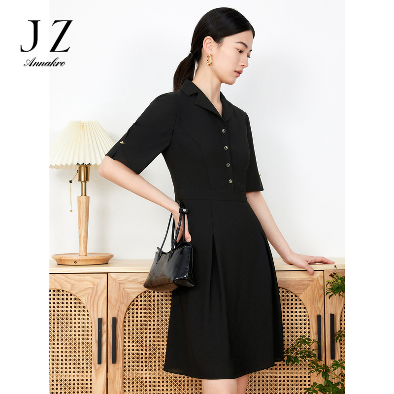 12128446.JZ玖姿西装领连衣裙女装夏季新款OL风知性裙子通勤小黑裙纯色