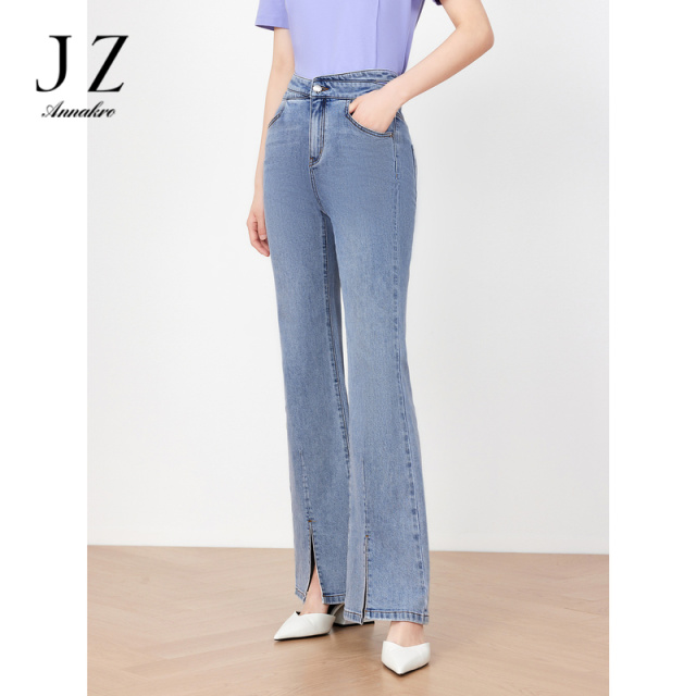 12128642.JZ玖姿牛仔休闲微喇裤女装夏季新款开叉裤子浅蓝色