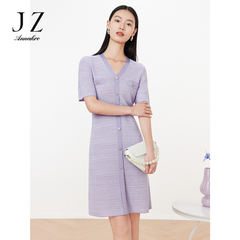 12128418.JZ玖姿小香风针织连衣裙女装夏季新款优雅收腰显瘦针织短袖紫