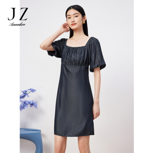 12128400.JZ玖姿天丝牛仔连衣裙女夏季新款小个子法式方领裙子蓝色