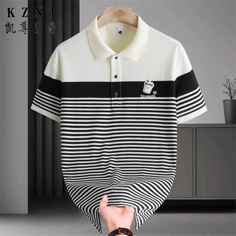 12126748.2025夏季高品质条纹POLO衫青少年短袖T恤2
