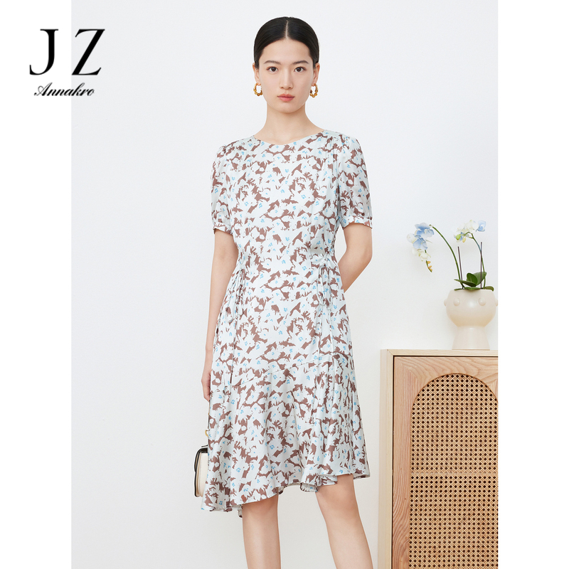 12128496.JZ玖姿花卉印花抽褶短袖连衣裙女装夏季新款收腰泡泡袖鱼尾裙