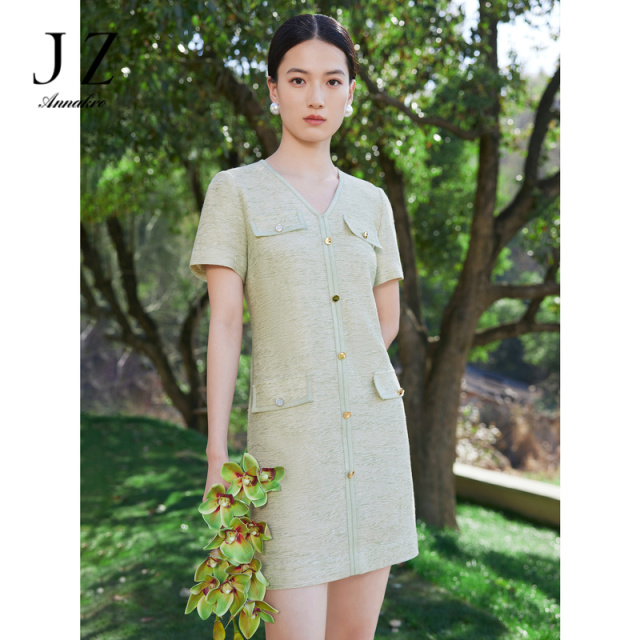 12128380.JZ玖姿小香风短袖针织连衣裙女装夏季新款V领花纱裙子绿色