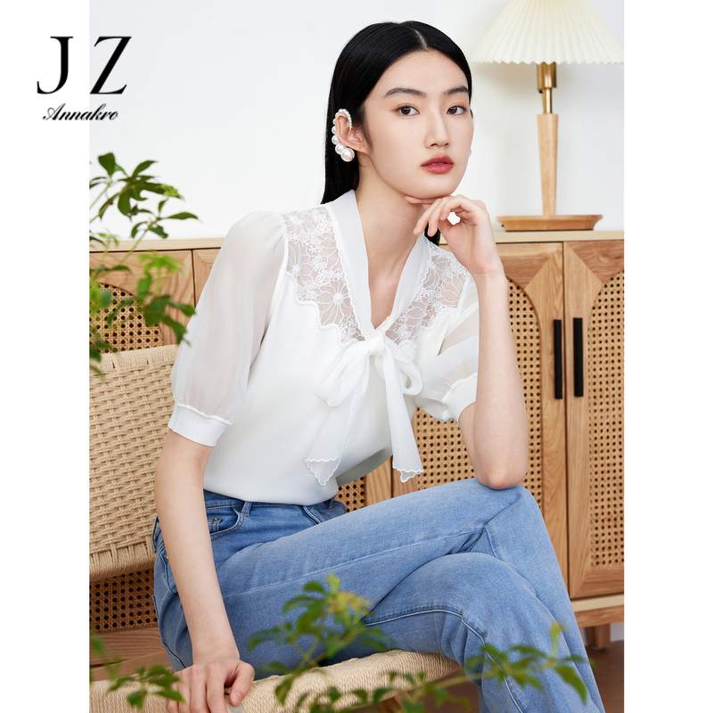 12128608.JZ玖姿异质拼接针织短袖女装夏季新款蝴蝶飘带曲珠纱套头上衣