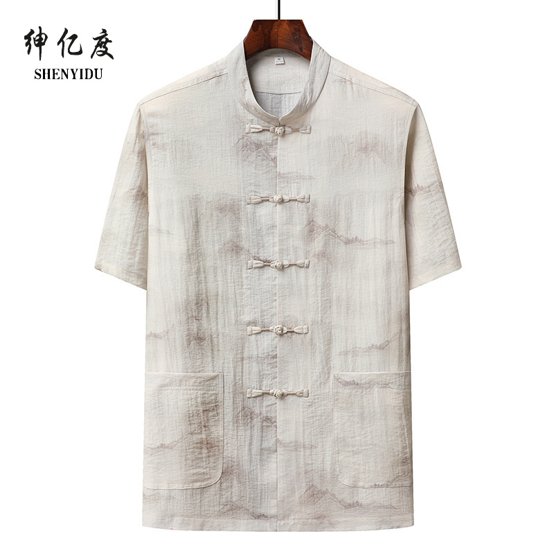 12129807.短袖唐装男中国风中老年人爸爸爷爷上衣服新中式汉服盘扣夏装A