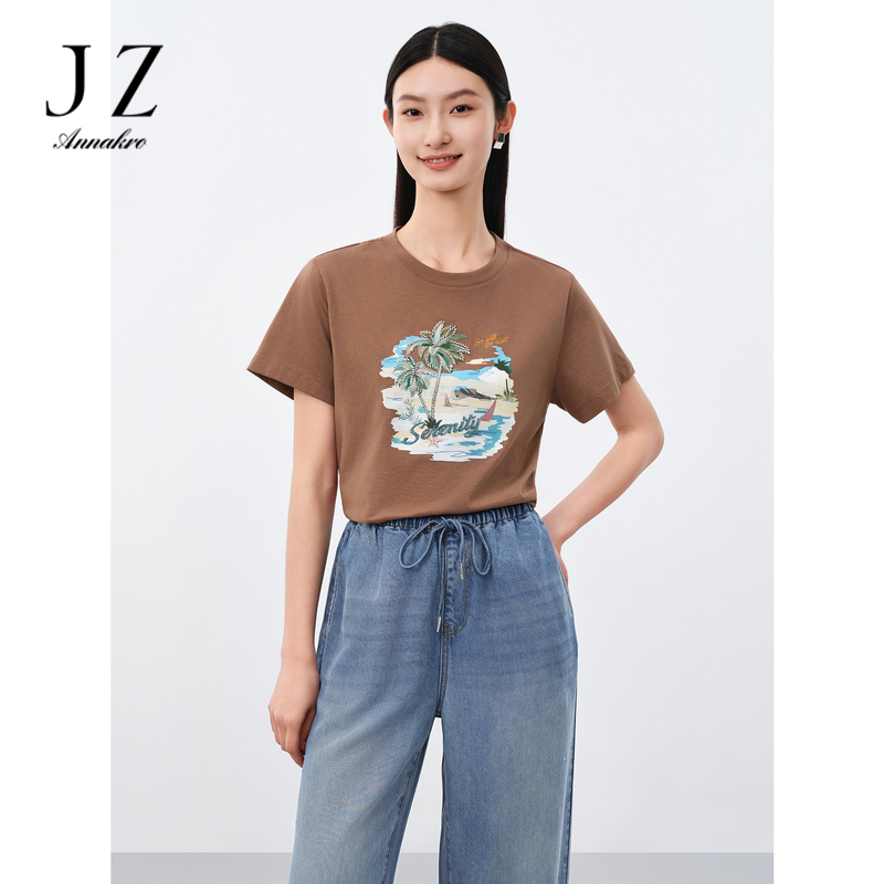 12129479.玖姿安娜蔻美式波普风海滩趣味印花钉珠纯棉T恤女夏季新款