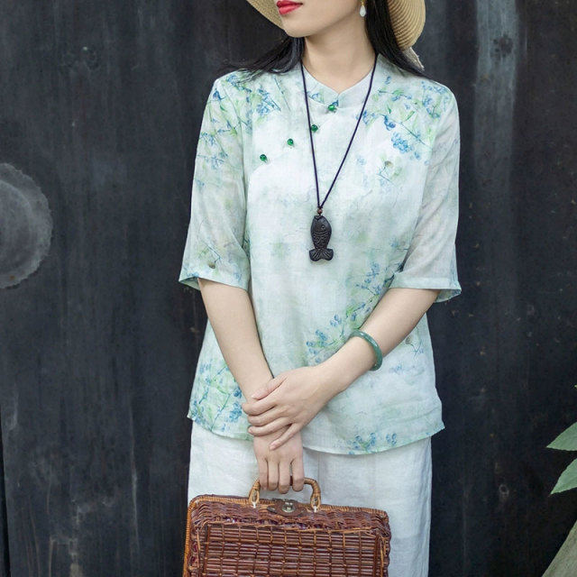 13460779.初云紫衣夏装 女新中式印花新中式文艺复古七分袖衬衫宽松上衣7363