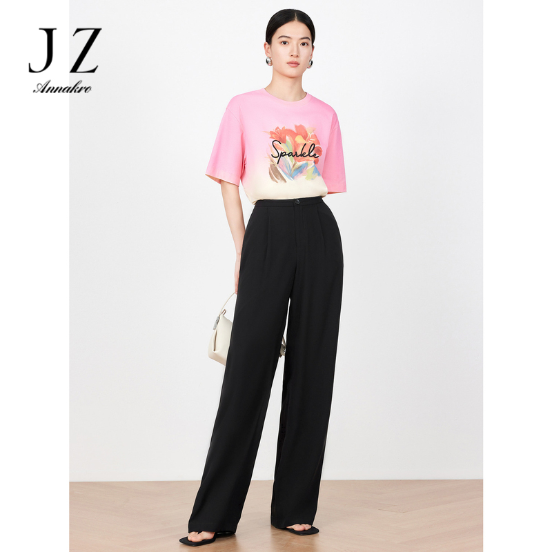 12129380.JZ玖姿时尚压褶小众休闲西裤女装夏季新款显瘦显高阔腿裤黑色