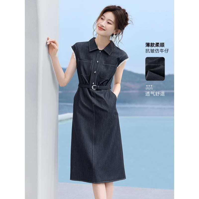 12142868.【沫晗依美】【蓝调时光】休闲蕾丝拼接腰带收腰衬衫女连衣裙