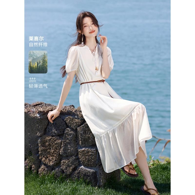 12142741.【沫晗依美】【城市假日】波西米亚风飘逸泡泡袖轻薄女连衣裙