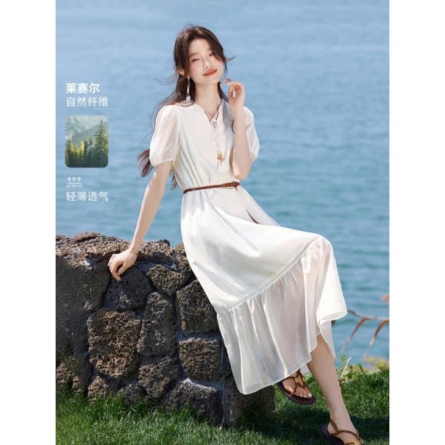 12142741.【沫晗依美】【城市假日】波西米亚风飘逸泡泡袖轻薄女连衣裙