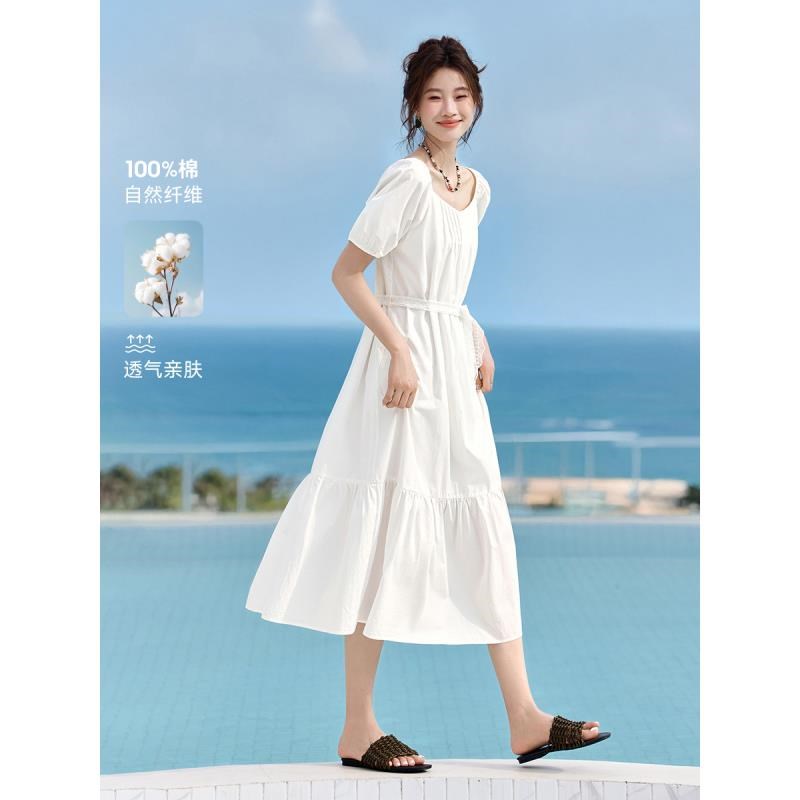 12142780.【沫晗依美】【白月光】简约棉布蕾丝系带宽松显瘦短袖连衣裙