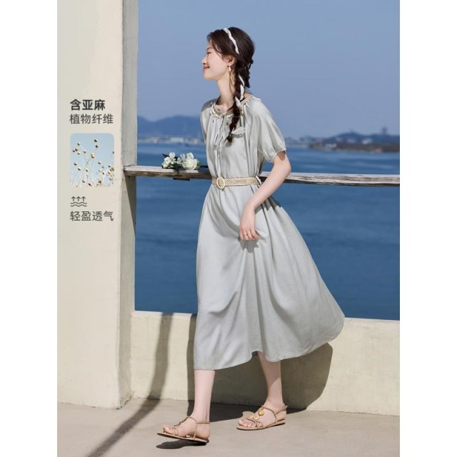12142871.【沫晗依美】【海岸风情】波西米亚度假风气质泡泡袖女连衣裙