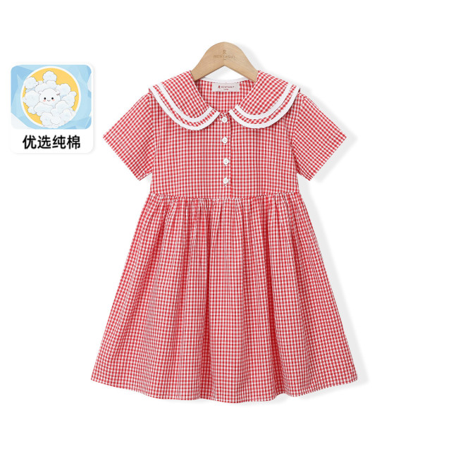 12154264.女童连衣裙夏季薄款学院风中大童娃娃领格子裙