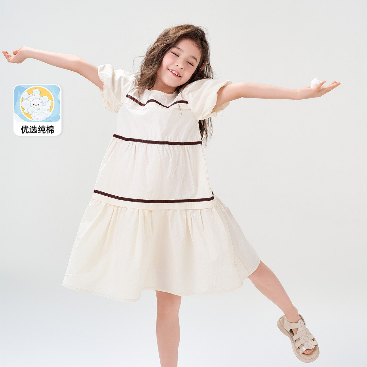 12155040.【法式撞色纯棉连衣裙】女童夏季新款高级感圆领短袖中长款公主裙
