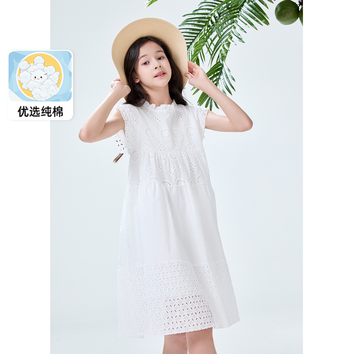 12155065.【重工刺绣连衣裙】女大童夏季新款荷叶领小飞袖高级感法式公主裙