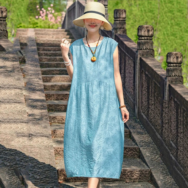 13460774.初云紫衣夏装 女文艺复古纯色提花休闲宽松显瘦中长款连衣裙6612