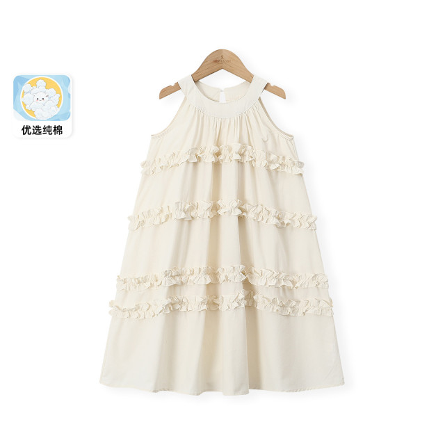 12154282.【多层花边蛋糕裙】女童2025夏季新款挂脖式度假风纯棉连衣裙
