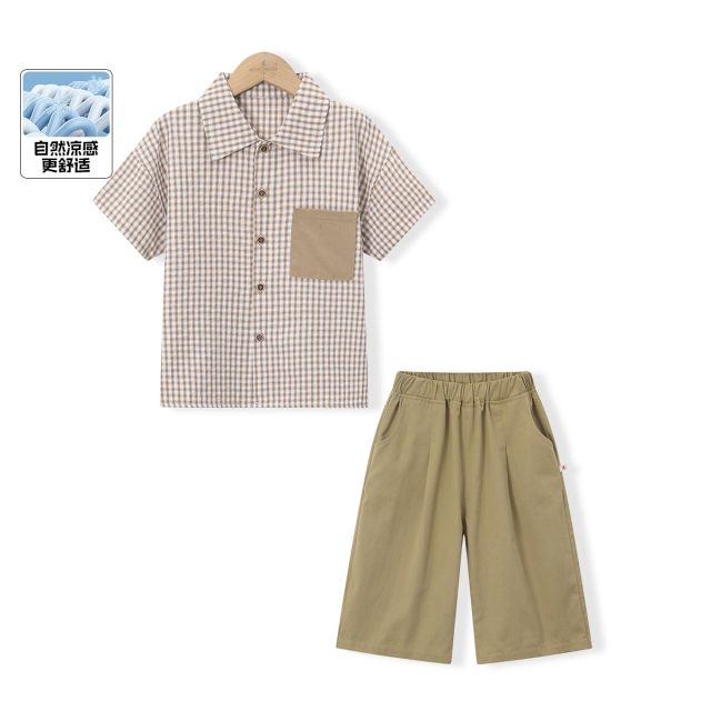 12154423.【翻领衬衫纯色七分裤两件套】男童夏装新款格纹韩版休闲薄款套装
