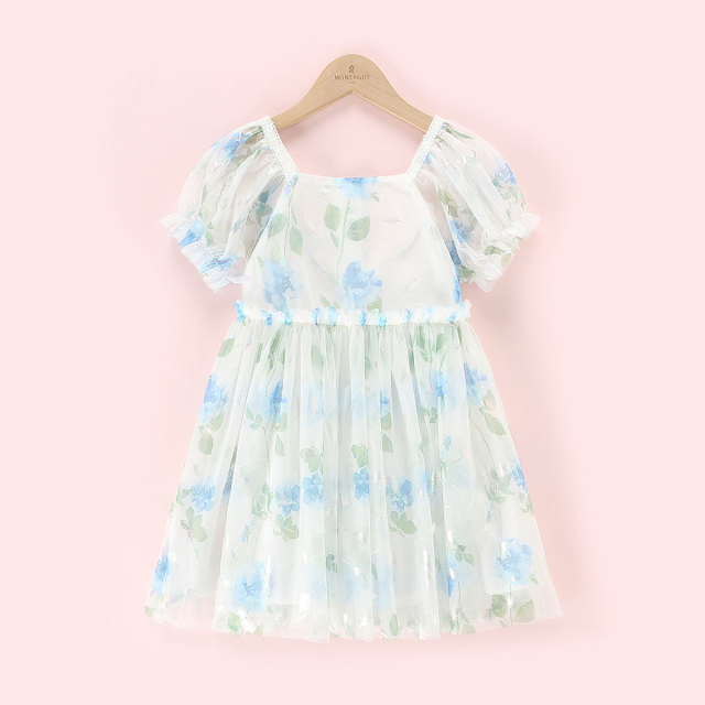 12154228.【精选福利款】法式方领碎花公主裙女童夏季超仙泡泡袖网纱连衣裙