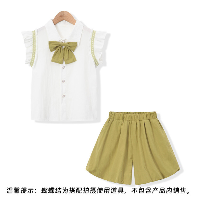 12154223.【飞飞袖衬衫短裤两件套】蝴蝶结小清新女童夏季新款休闲时尚套装