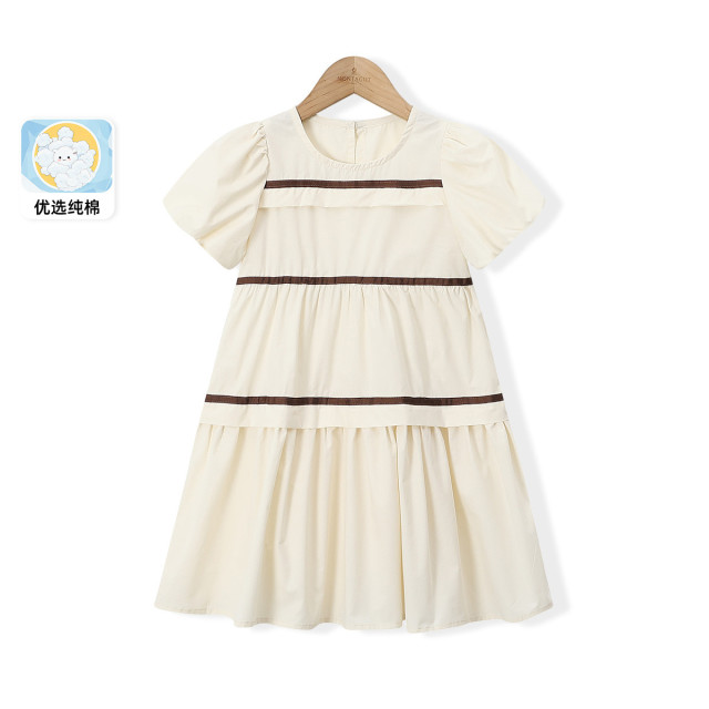 12155040.【法式撞色纯棉连衣裙】女童夏季新款高级感圆领短袖中长款公主裙
