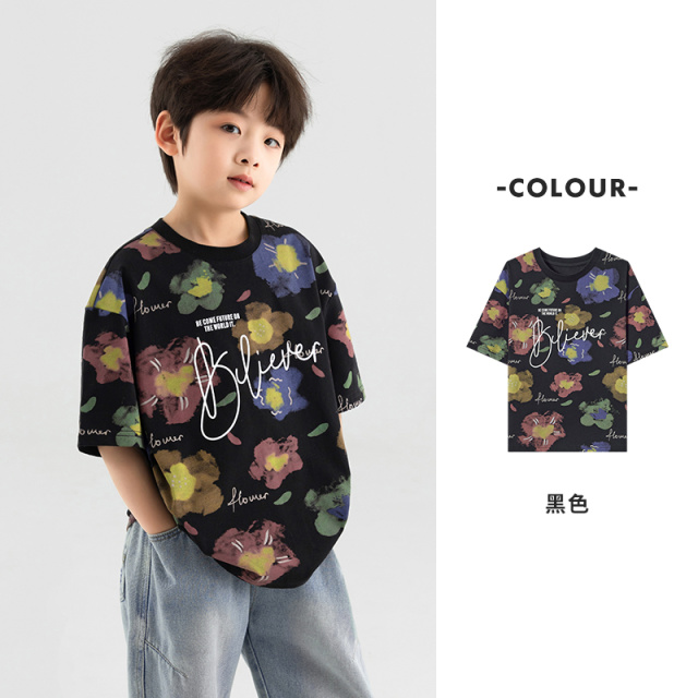 13310637.【花朵满印】男童纯棉短袖2026夏季凉感亲肤上衣休闲潮流儿童T恤