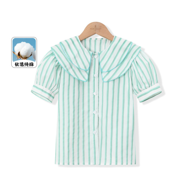 12154257.【双翻领条纹衬衫】女童洋气泡泡袖夏季小清新儿童休闲纯棉衬衣潮