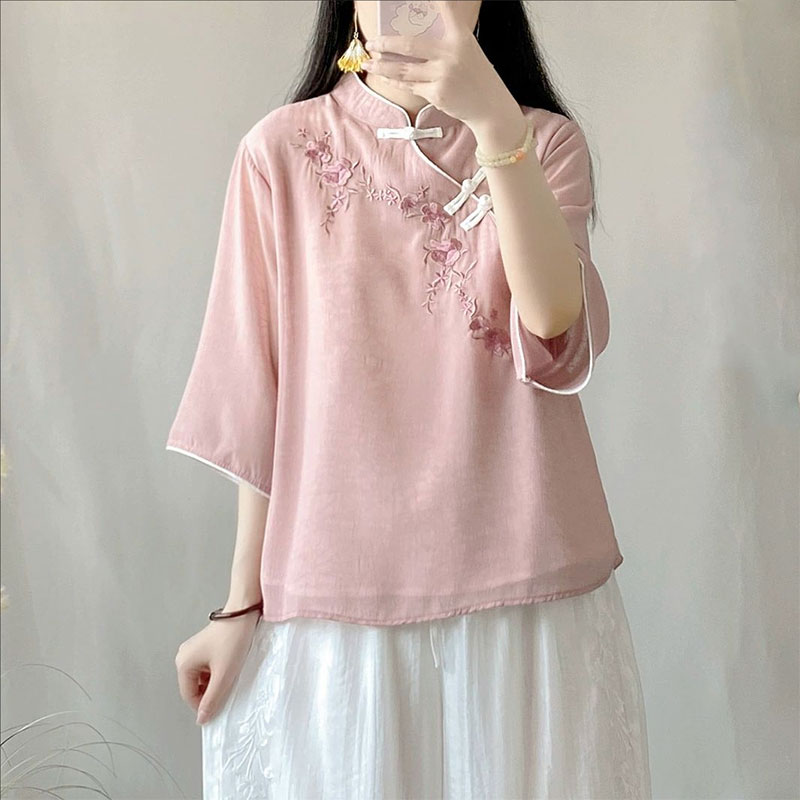 13460758.初云紫衣 女斜襟盘扣绣花立领七分袖上衣中国风复古茶服衬衫1002