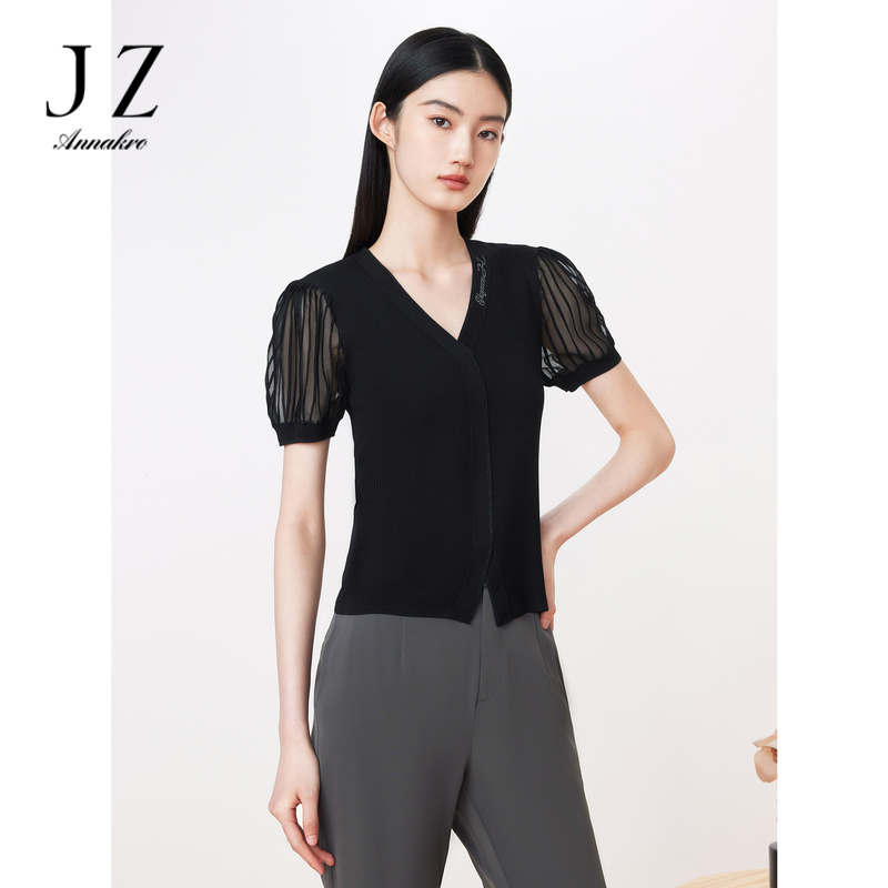 12158222.商场同款JZ玖姿设计感针织衫夏季新款优雅收腰短袖JWDX31223